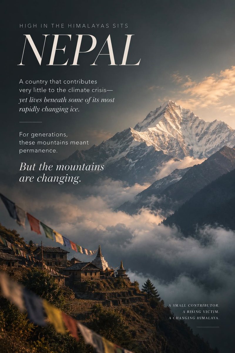 Campaign poster: a Himalayan peak above cloud and a hill village, prayer flags strung across the foreground, with the word NEPAL set into the artwork.